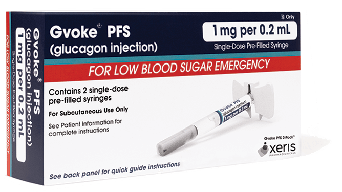 Red & blue box of Gvoke PFS glucagon injection containing 2 single-dose prefilled syringes
