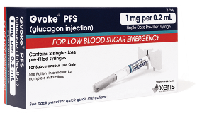 Red & blue box of Gvoke PFS glucagon injection containing 2 single-dose prefilled syringes