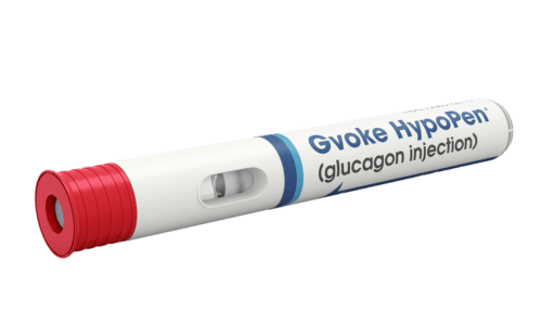 Close-up angle view of Xeris Gvoke HypoPen glucagon injection rescue pen laying on its side