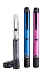 One gray insulin pen with cap off standing beside one blue insulin pen & one pink insulin pen